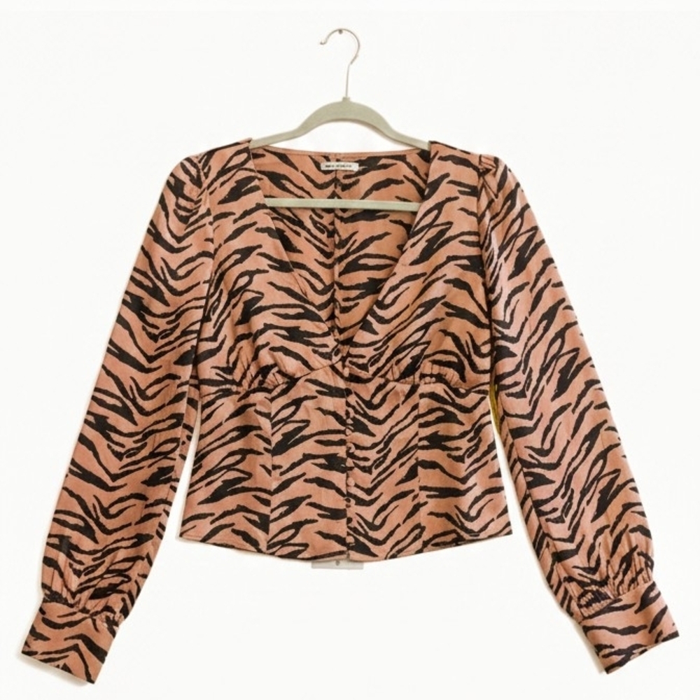 Reformation 100% Silk Notta Tigress Print V-Neck Long Sleeve Blouse